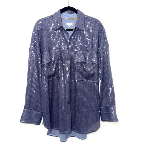 Anthropologie Pilcro Full Sequin Button Down Shirt - Blue M - Picture 5 of 11